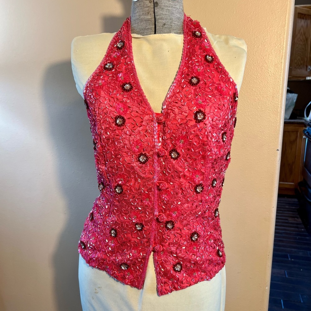 Sequined pink halter top